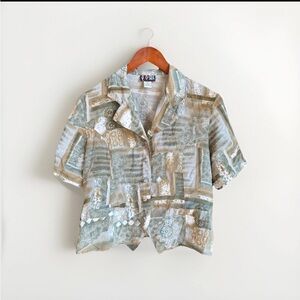 Vintage QUO Silk Cropped 80’s 90’s Button Down Blouse Short Sleeve Retro Size S